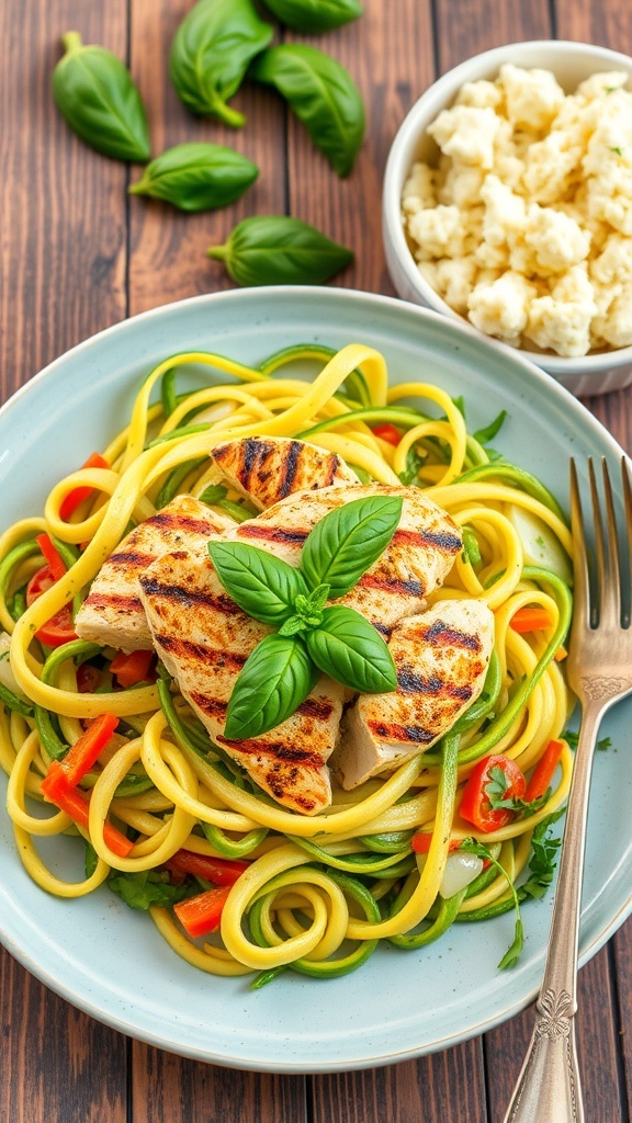 A colorful plate of zoodles with chicken and basil, served with cauliflower rice on a rustic table.